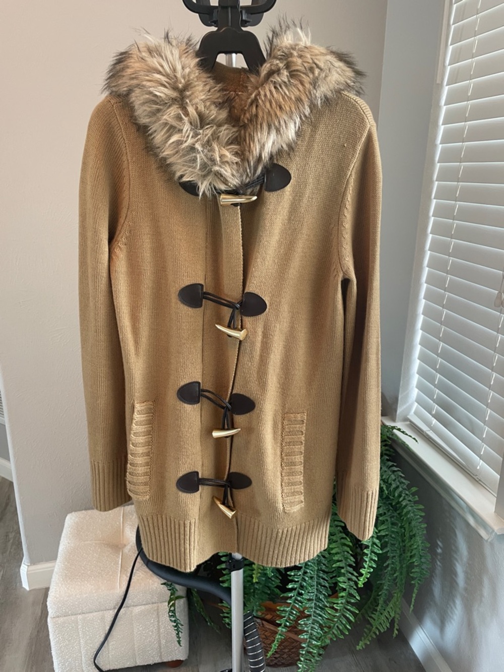 Michael Kors Camel Knit Toggle Cardigan with Faux-Fur Hood Trim